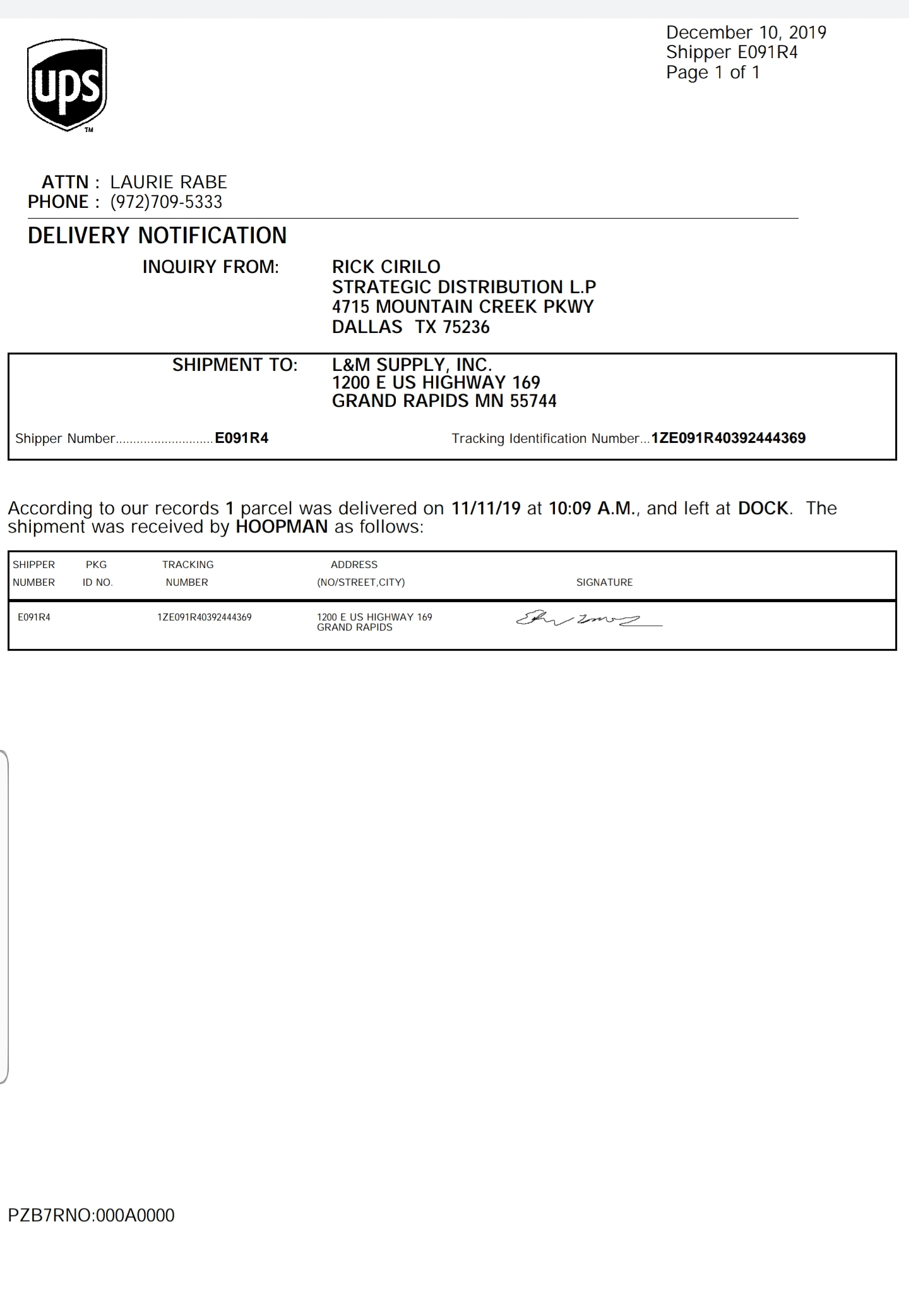 Document that paypal requested from UPS 