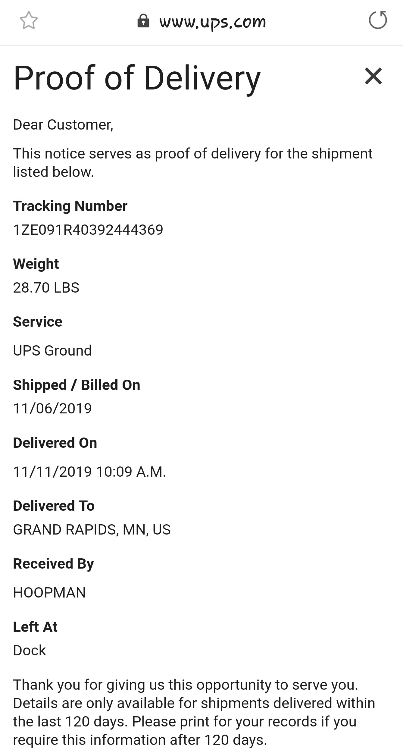 Proof of delivery by UPS (but not right address) 