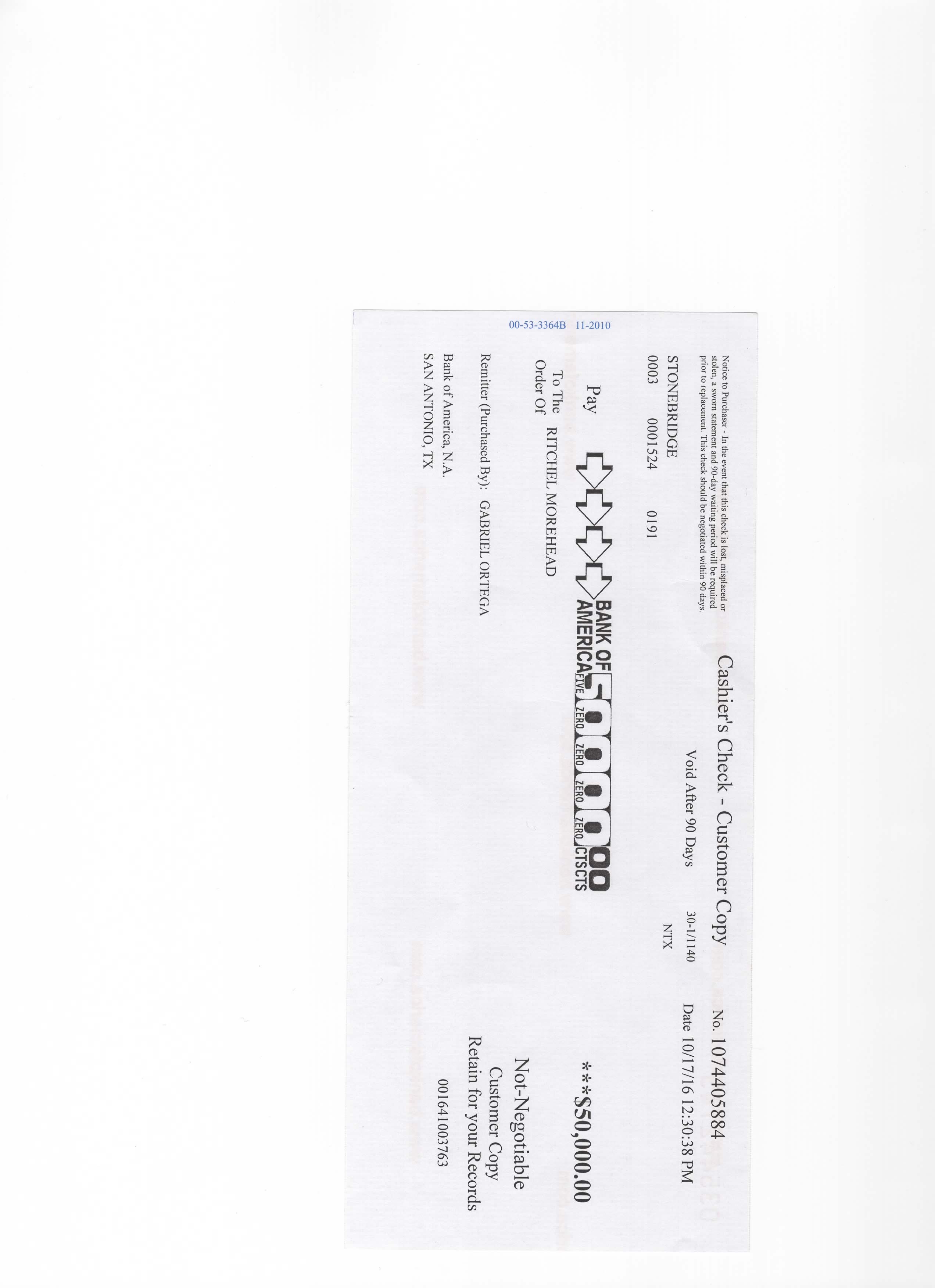 Carbon copy of original cashier's check