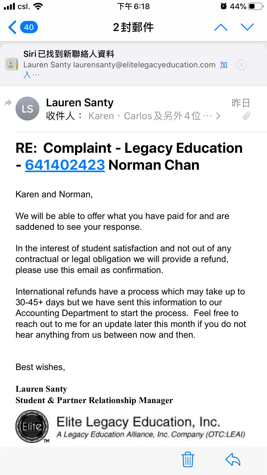 Refund Confirmation issued Legacy US