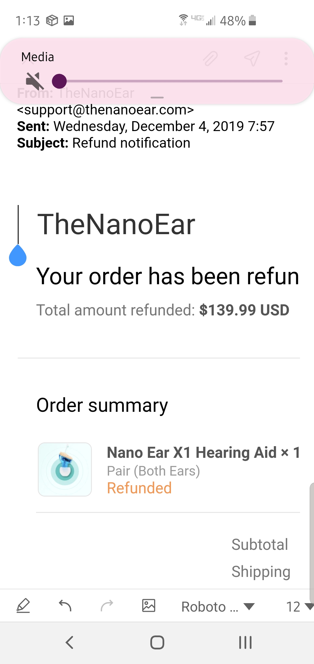 Supposed Refund from Nano Ear