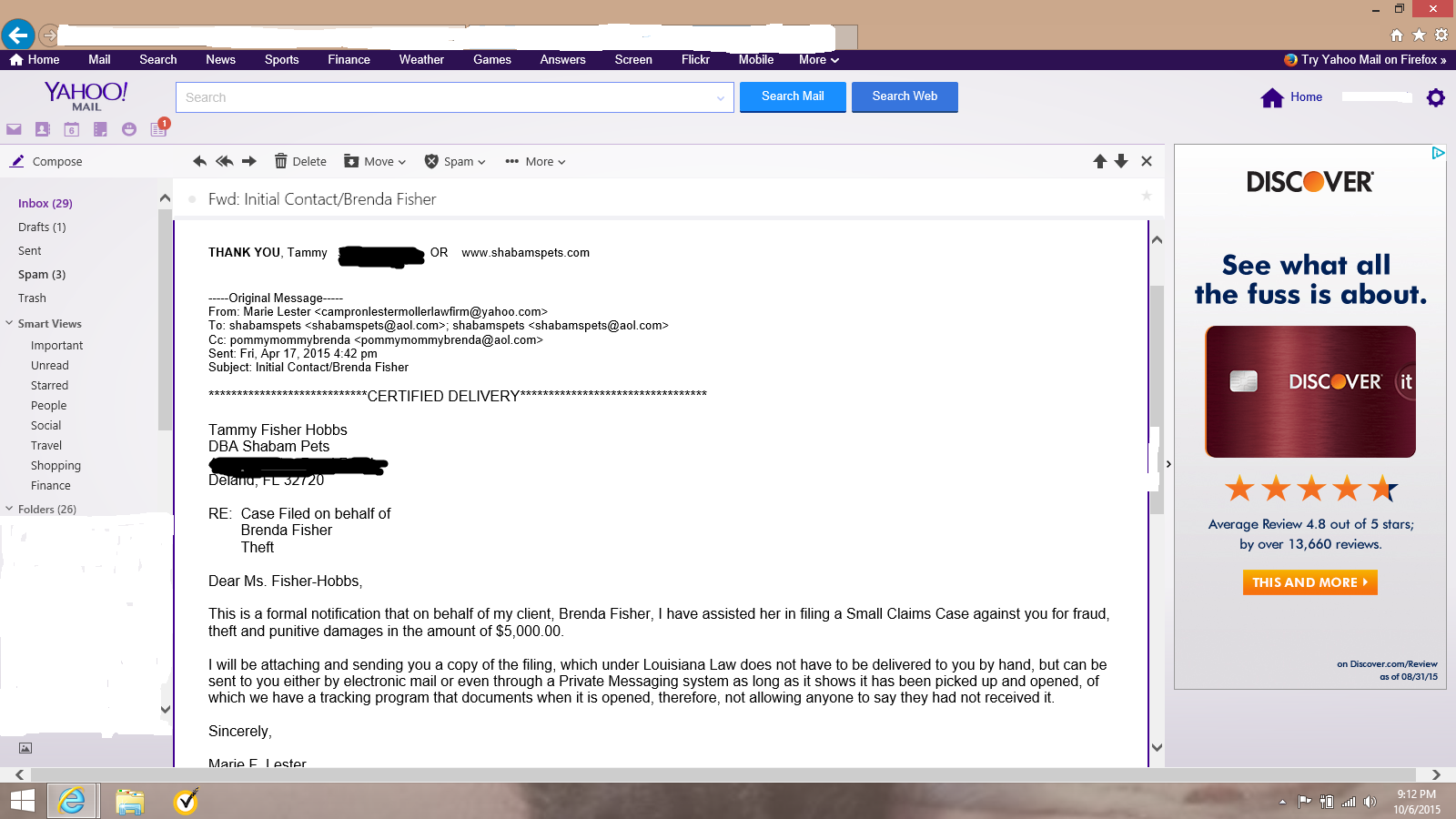 fake lawyer email sent by brenda fisher
