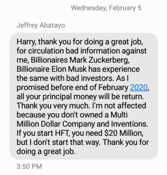 Jeffrey Abatayo's Text Response to Ripoff Report