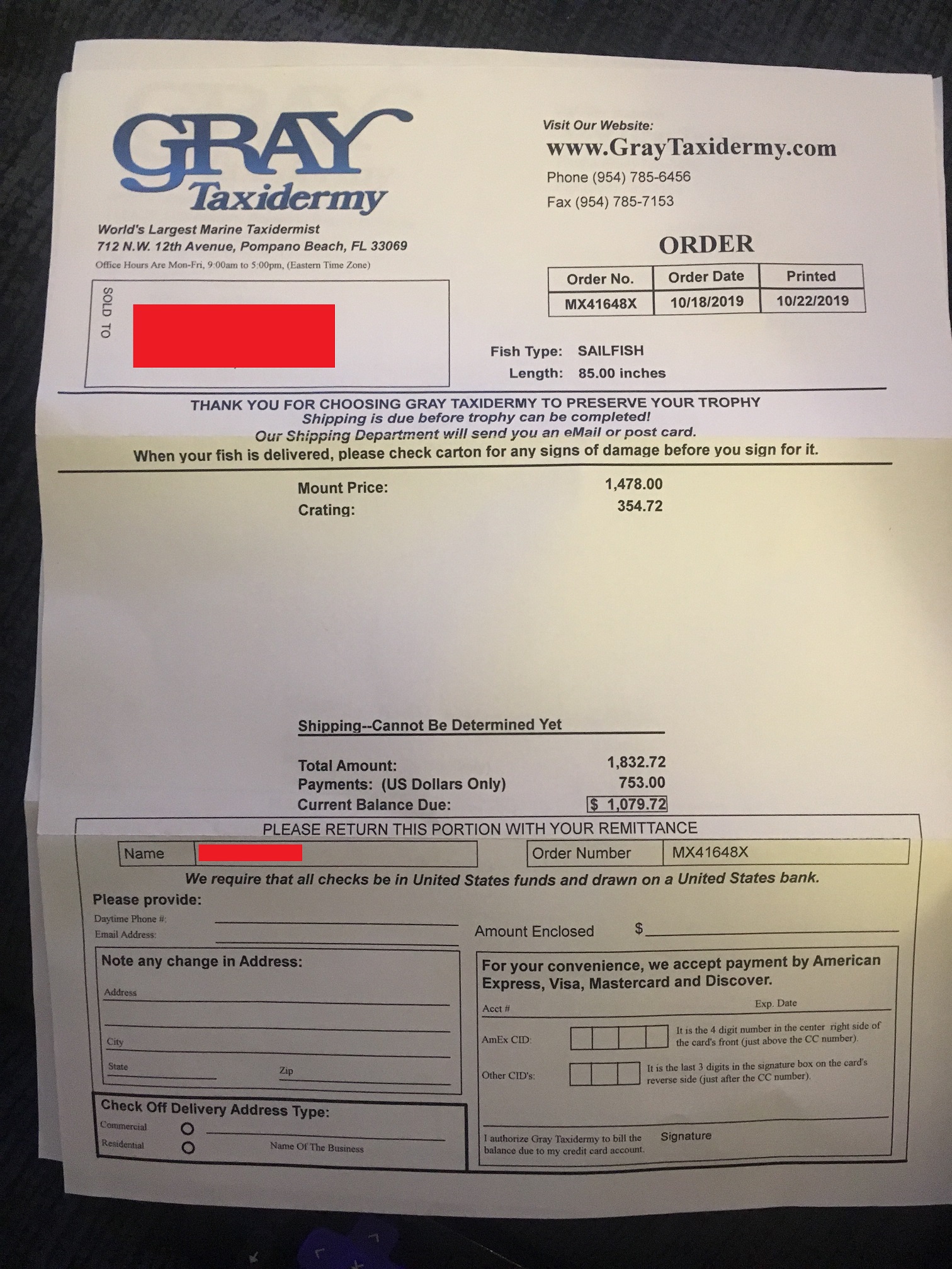 1st invoice received after paying $753 on the boat