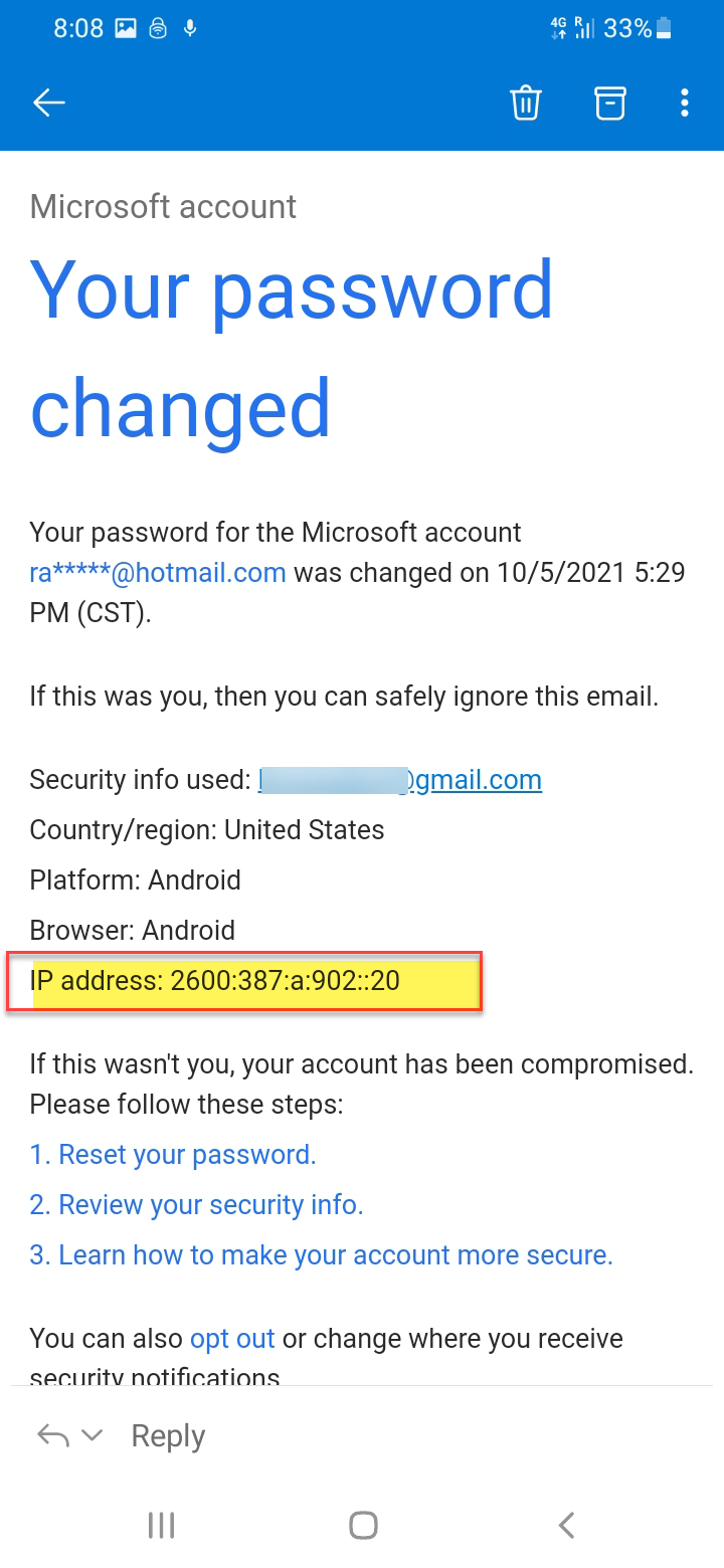 PASSWORD CHANGED EMAIL CONFIRMATION IP ADDRESS