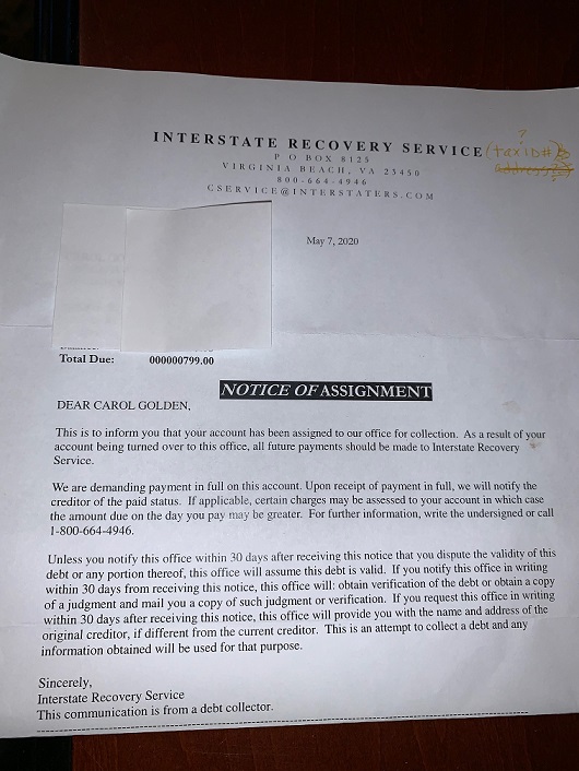 Letter from Interstate Recovery Services