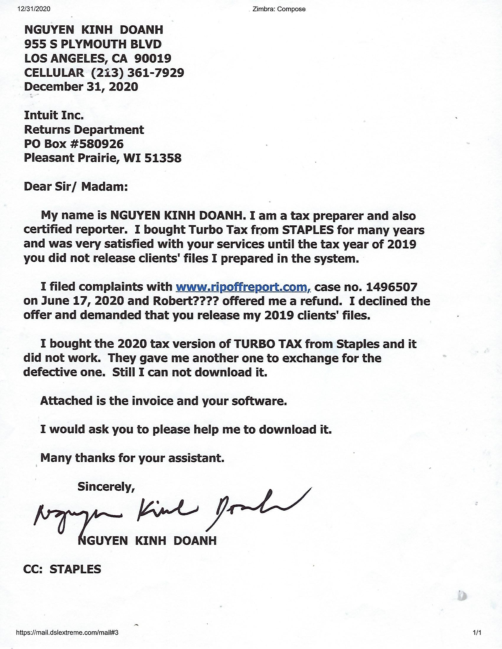 LETTER DATED DECEMBER 31, 2020 TO INTUIT