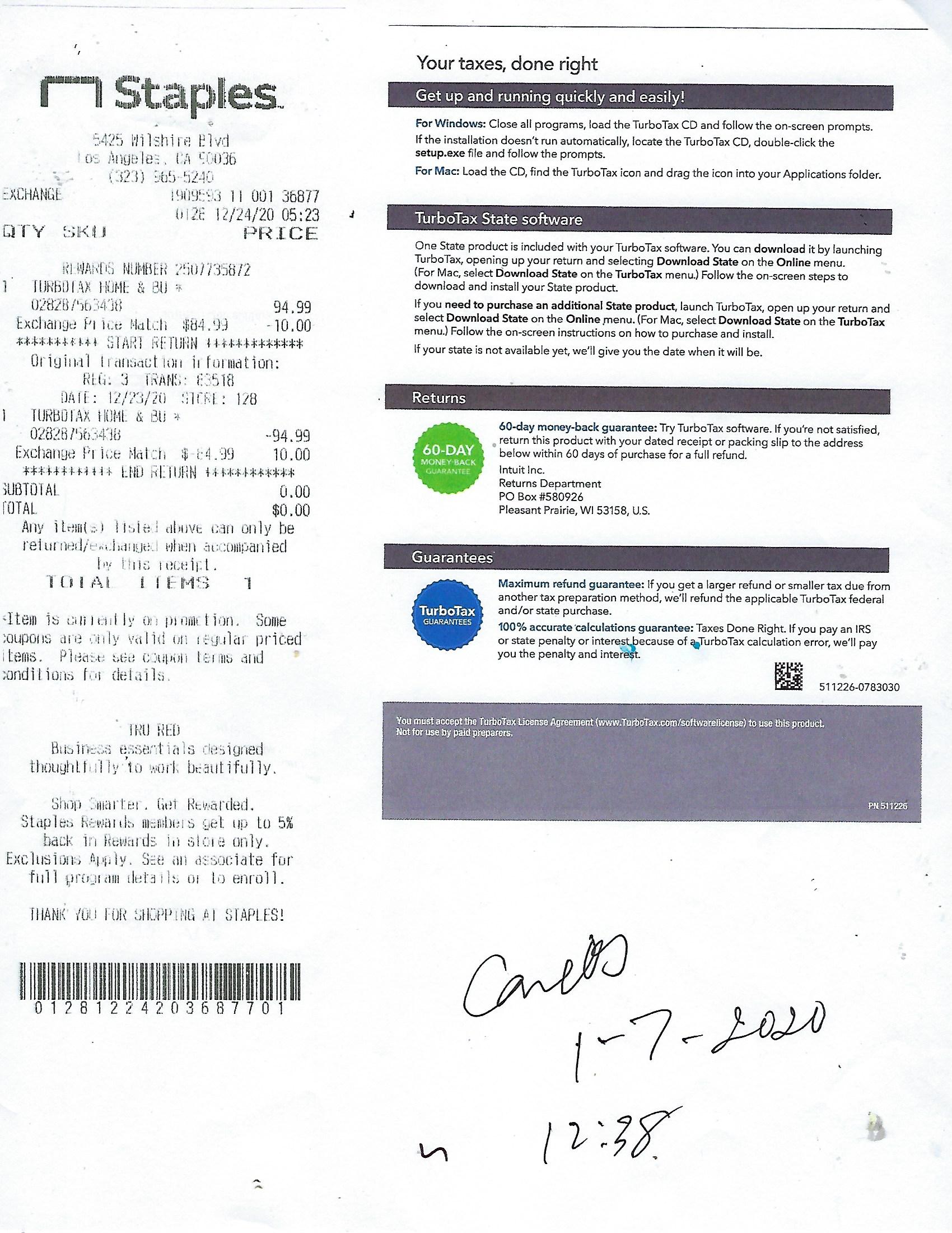 RECEIPT FROM STAPLES FOR PURCHASE ON 12-24-2020