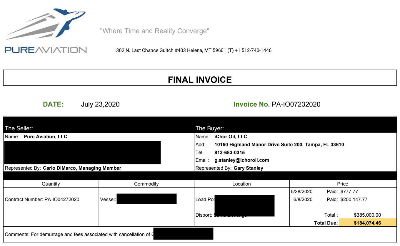 Invoice for damages showing payments made.