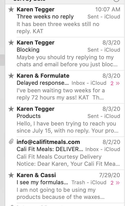 Screen shot of sent emails