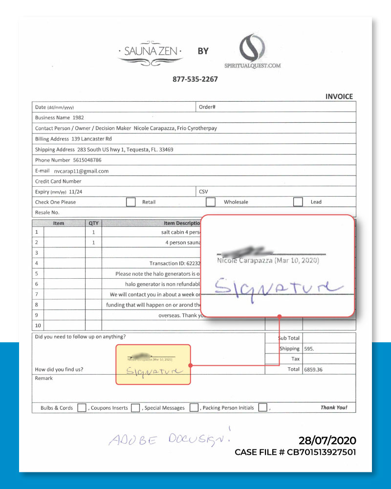 Our invoice signed by FRIO CRYOTHERAPY