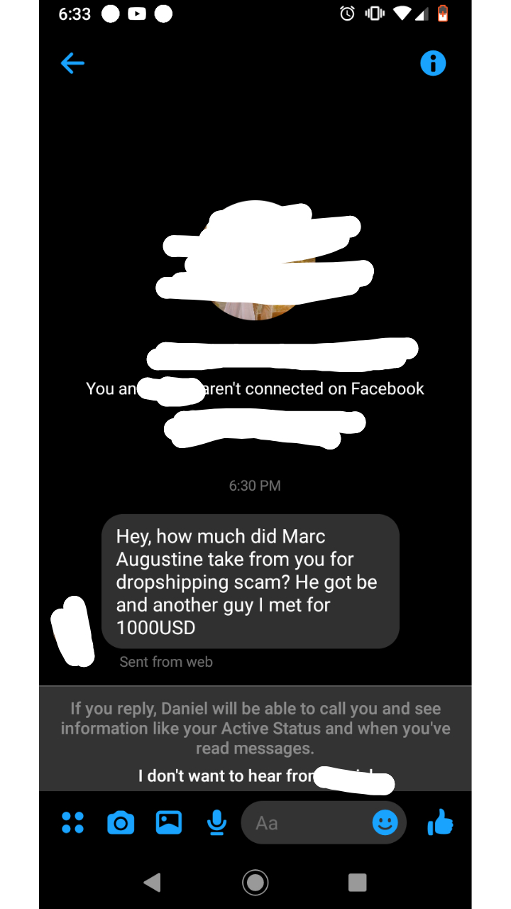 Another person reaching out to me, who he scammed