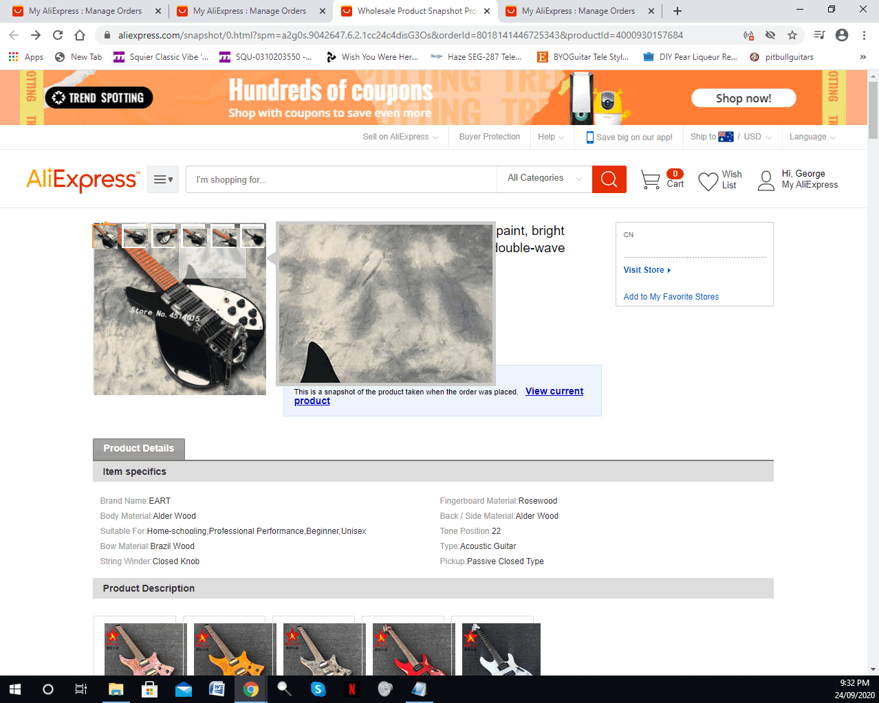 Order screen capture by Aliexpress