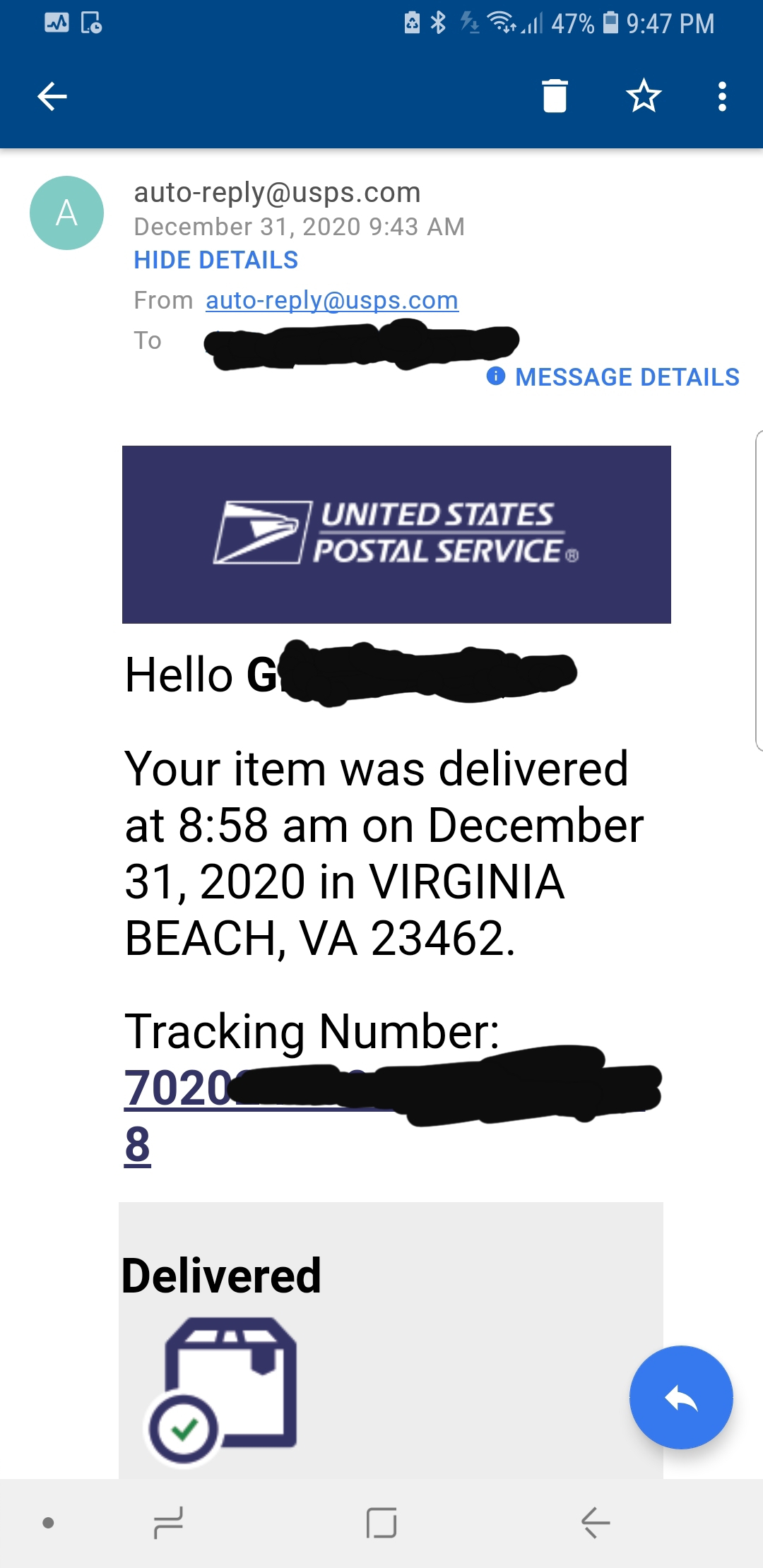 Usps notice of receipt of my real HRA.