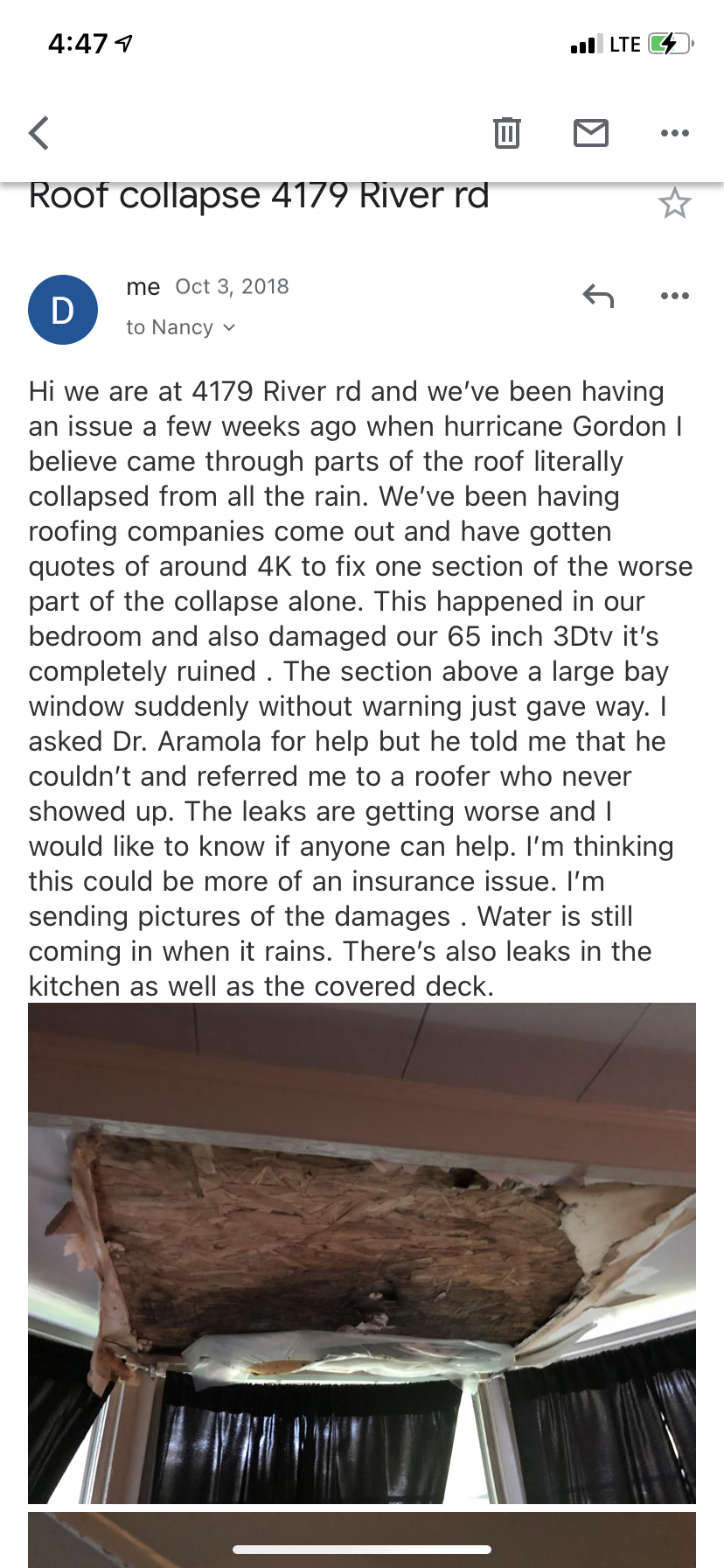The email of roof collapsing 
