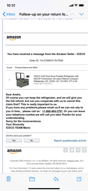 Email from Mario at ICECO Promising Refund