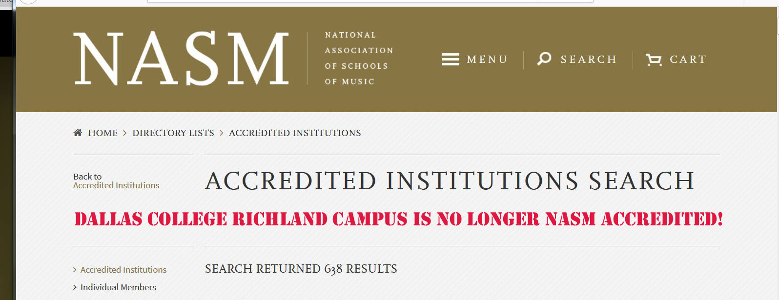 Dallas College Richland Campus NOT NASM Accredited