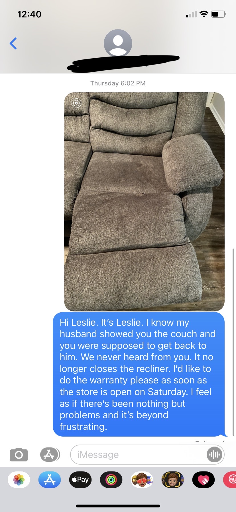 Text sent about chair after not hearing back 