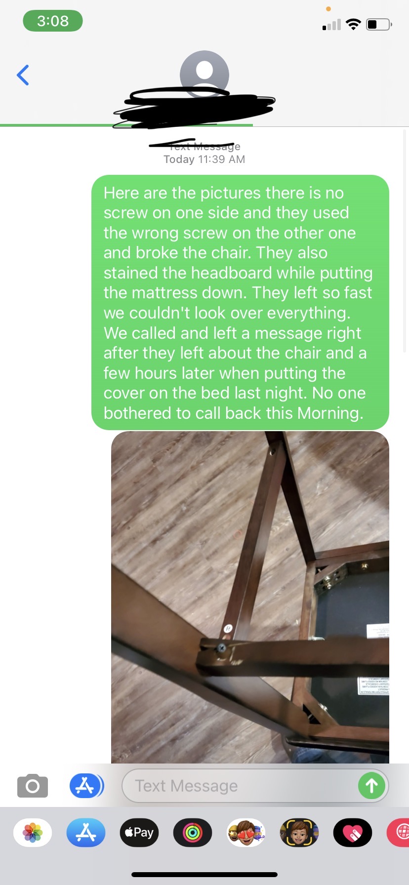 text sent regarding broken chair