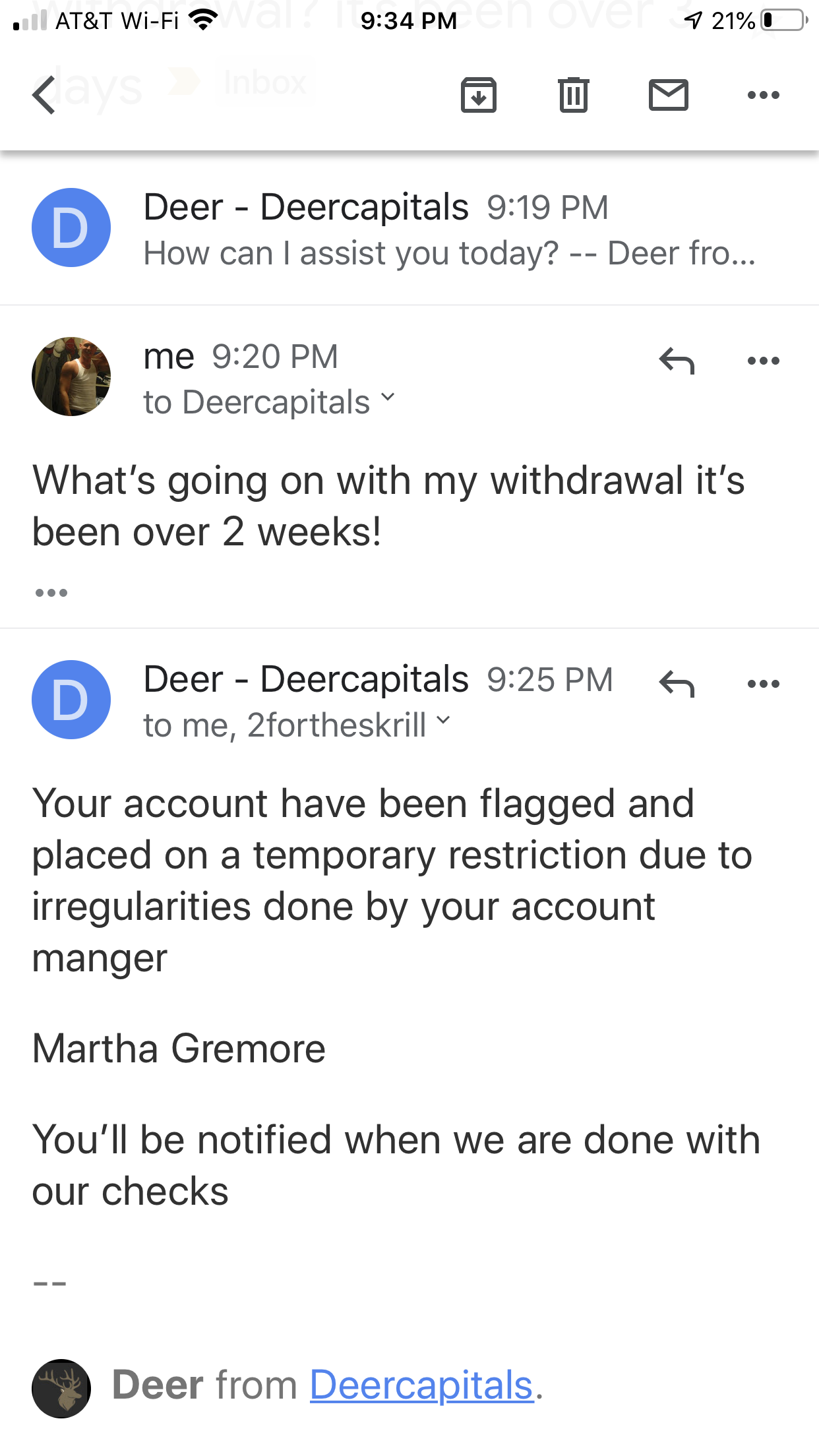 The email from Deercapitals saying Martha Gremore 