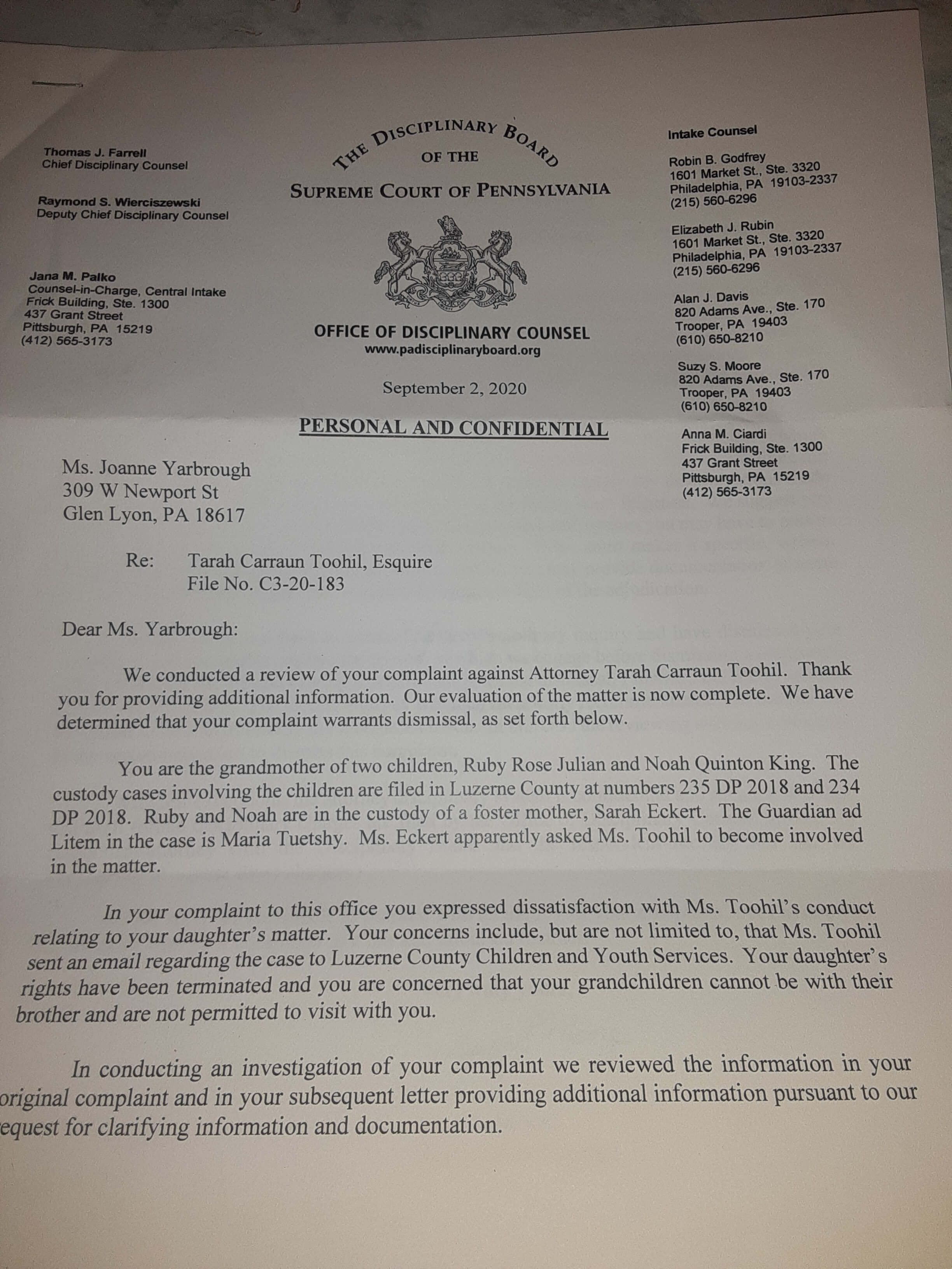 Tarah Toohil Attorney Disciplinary Letter Page 1
