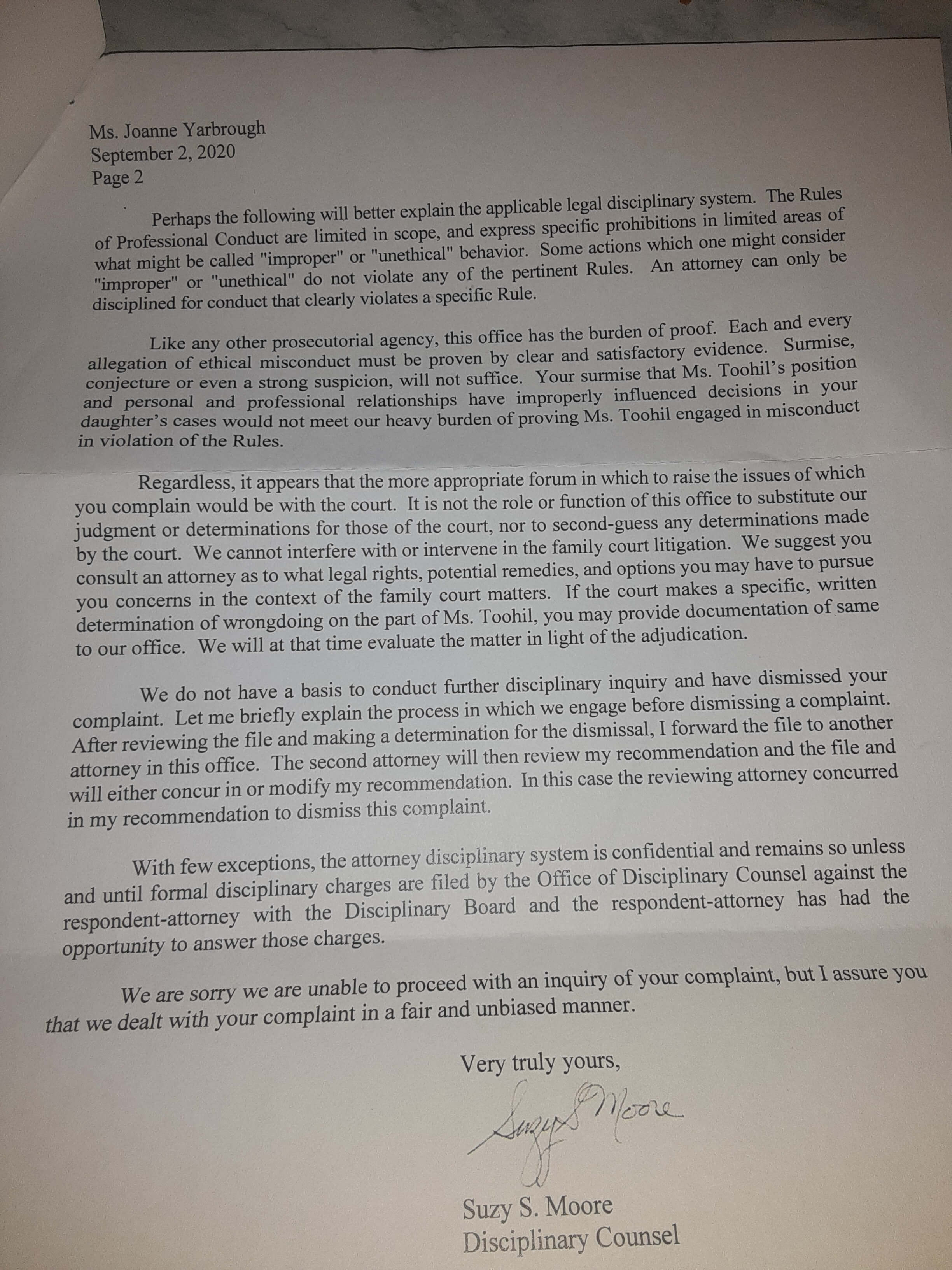 Tarah Toohil Attorney Disciplinary Letter Page 2