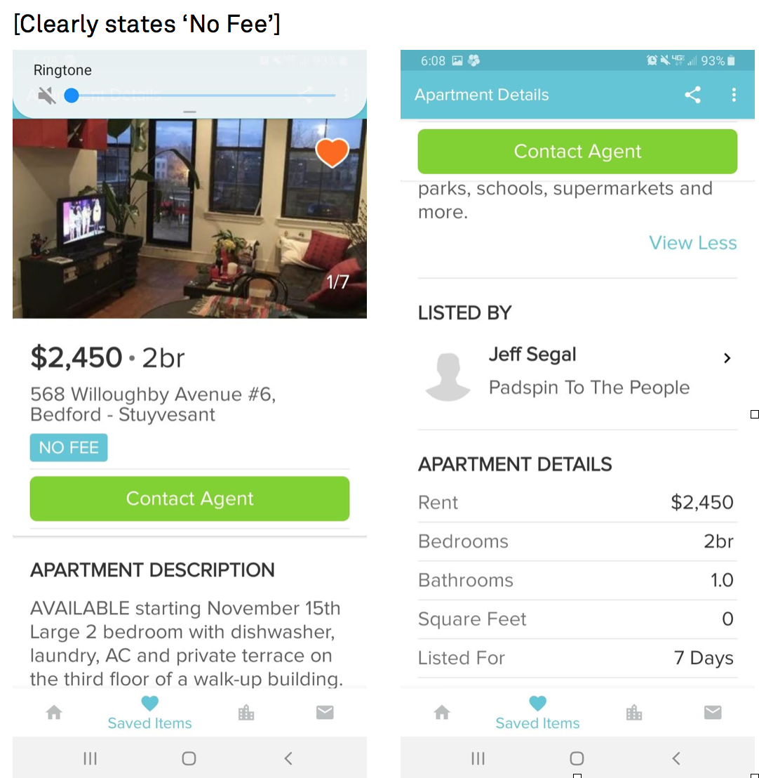 clearly states 'no fee' listing