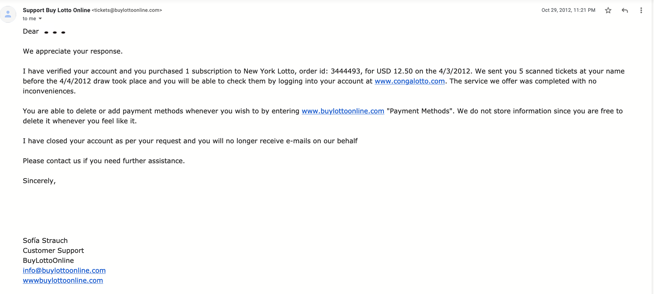 Email sent by Sofía Strauch, of "BuyLottoOnline"