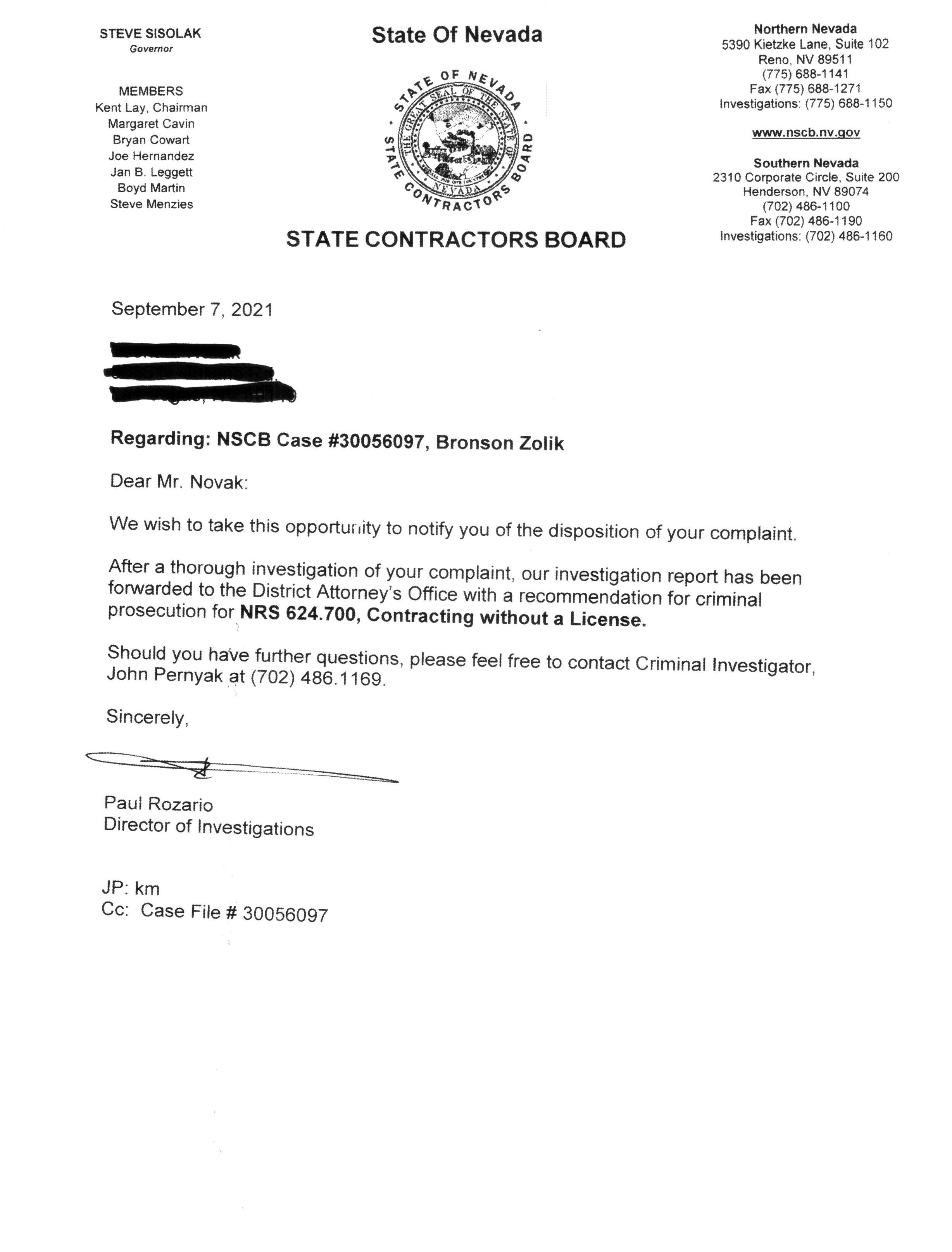 State Contractor Board Letter