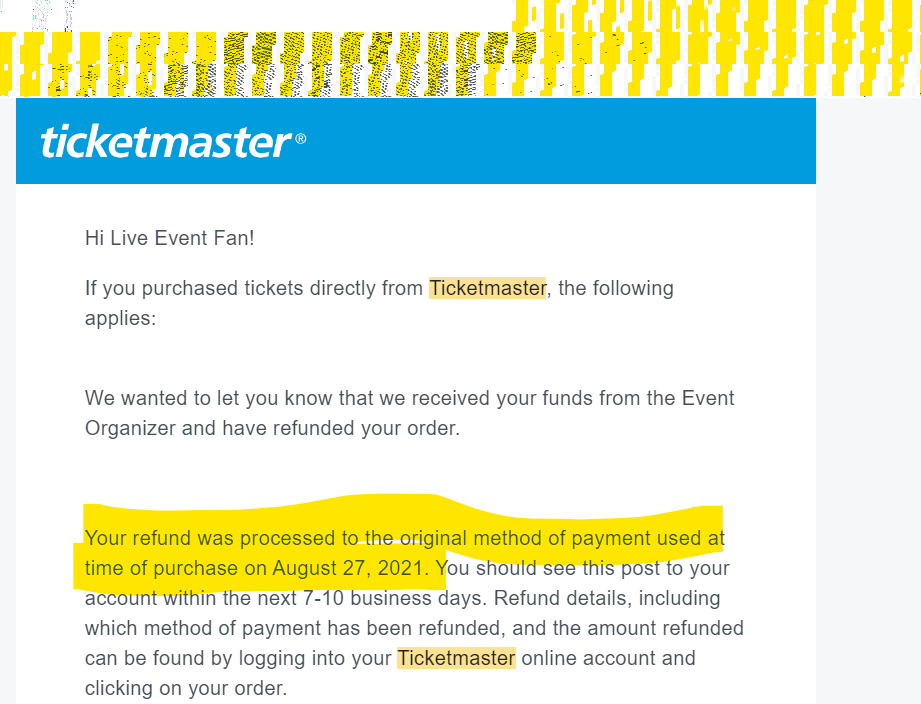 Ticketmaster announcing refund going to PayPal acc