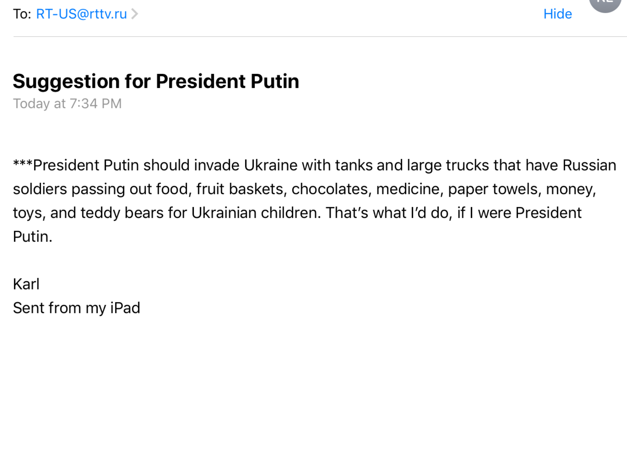 SCREENSHOT OF EMAIL SENT TO RT ON 1-24-2022