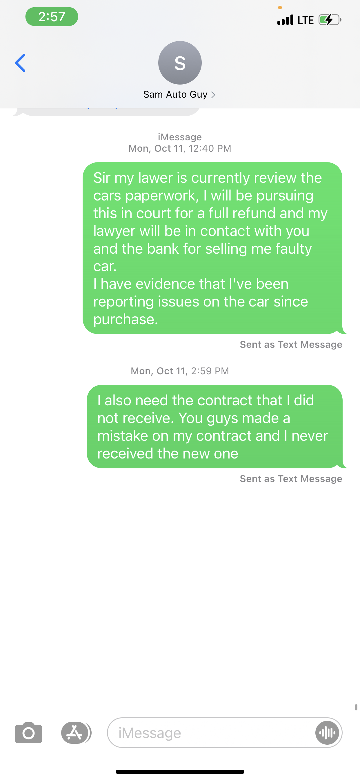 Text message with the auto company 