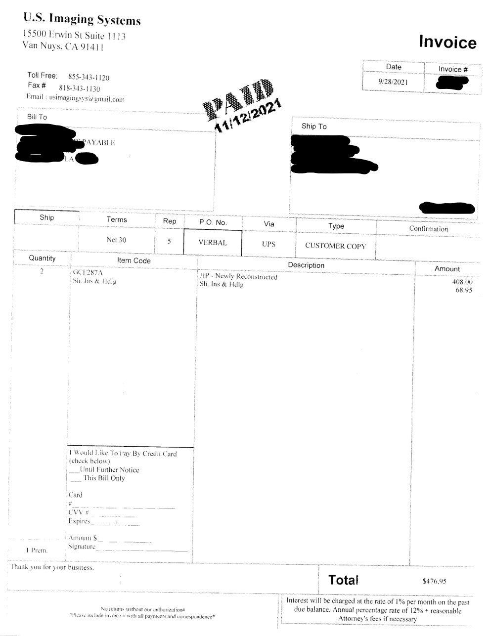 My paid invoice, note the charges and foot note.