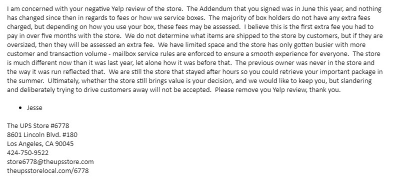 UPS Store 6778 - Jesse Wang - negative Yelp review