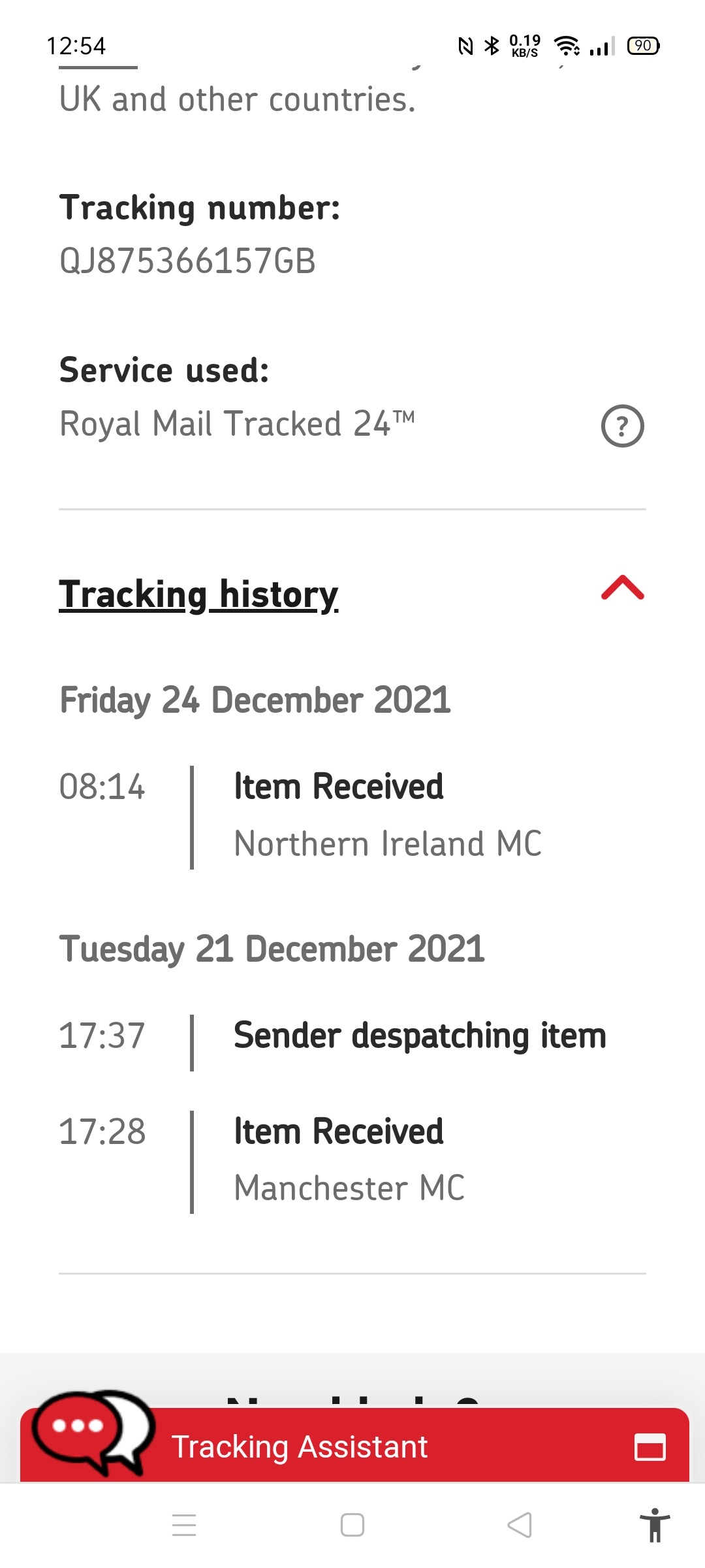 A screen shot of the tracking history. 