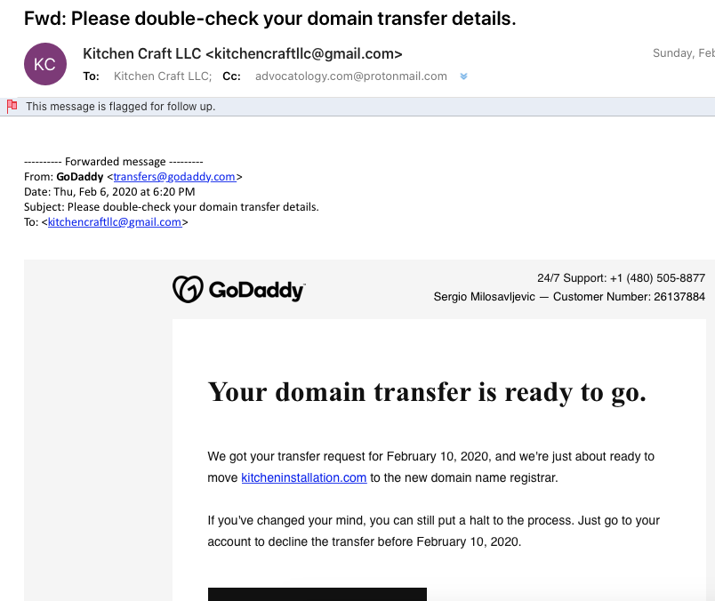 GoDaddy auto notification says transfer approved.