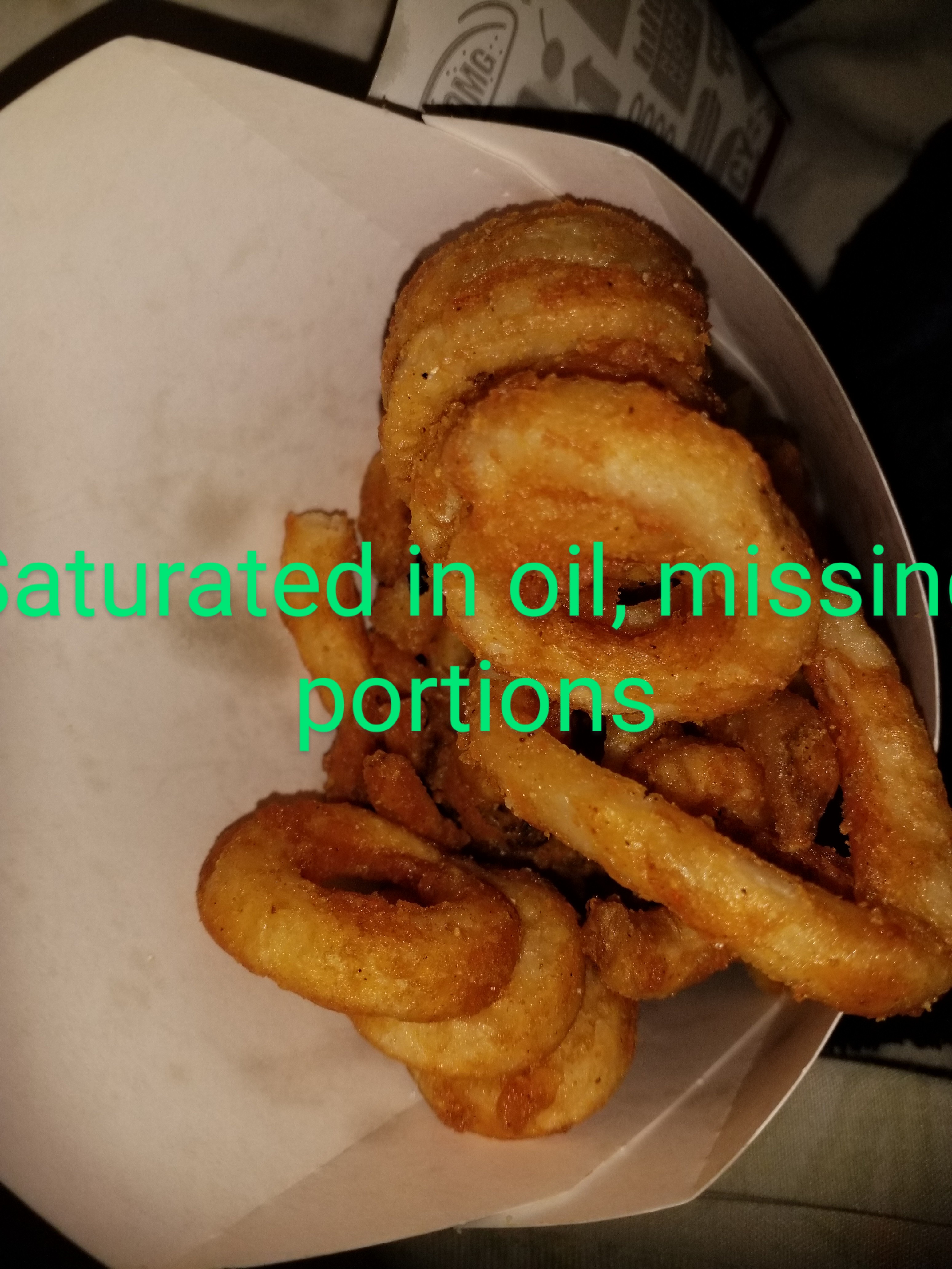 Missing portion, old, saturated in old cooking oil