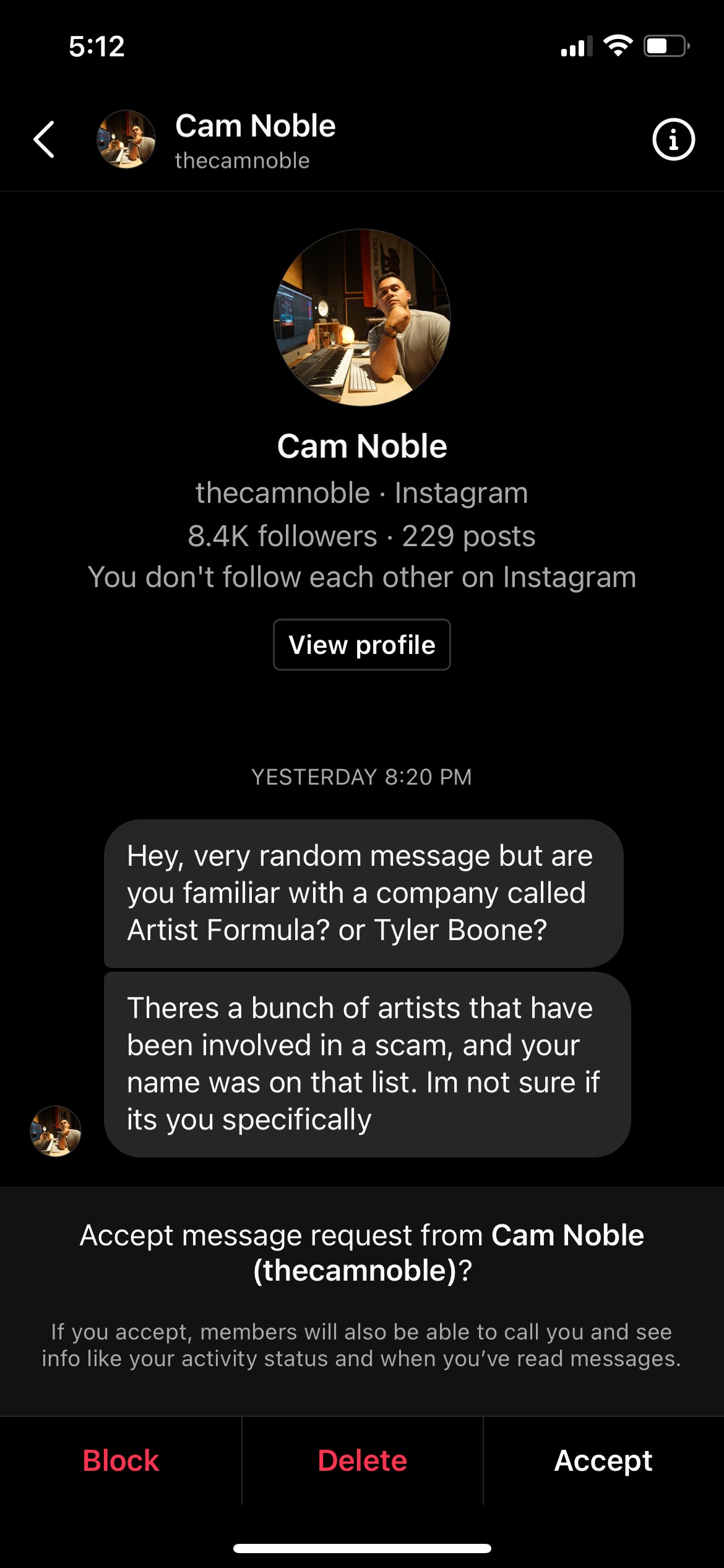 Cam Noble harassing Artist Formula clients