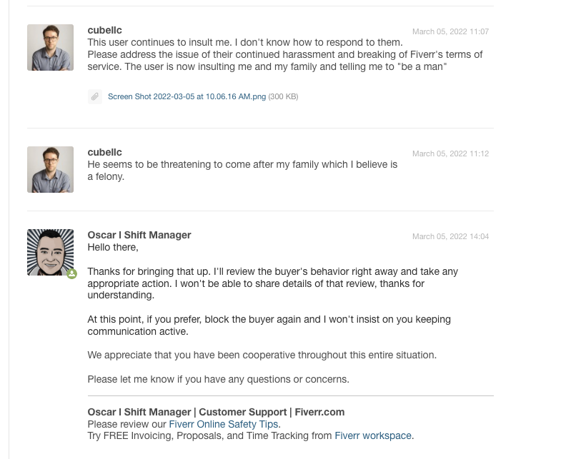 Fiverr support response to buyer