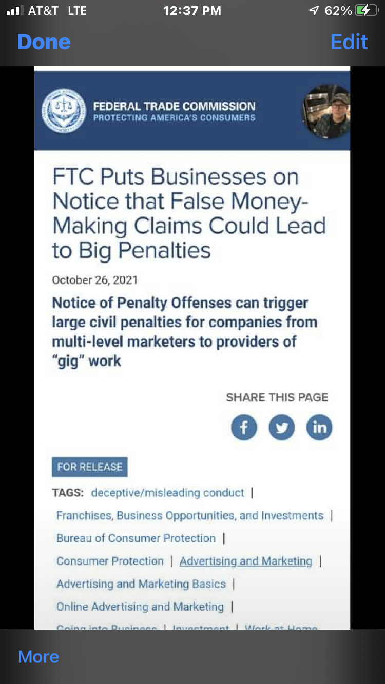 FTC warning to businesses that make false claims