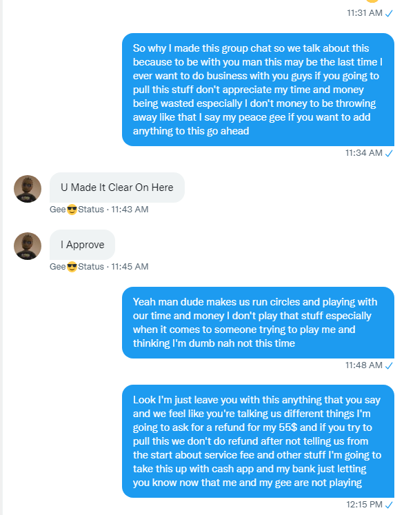 Screenshots of conversation where we were scammed.