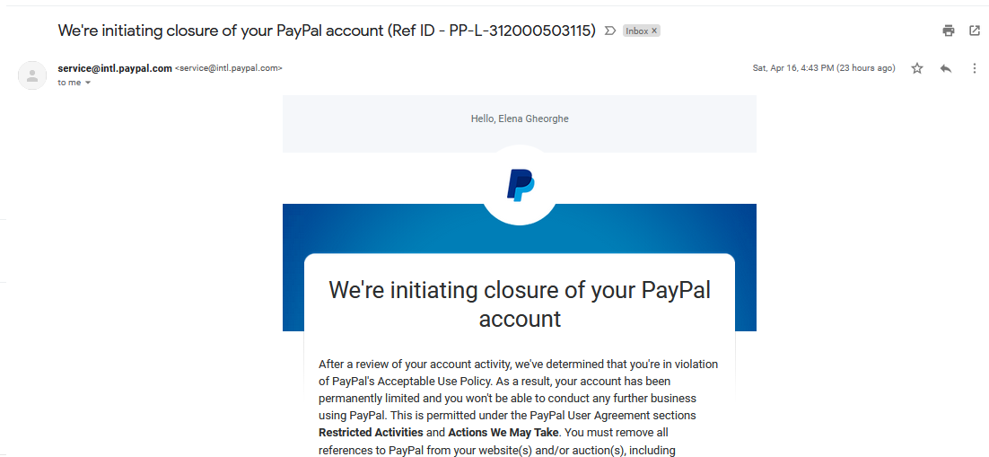 Email received from paypal.