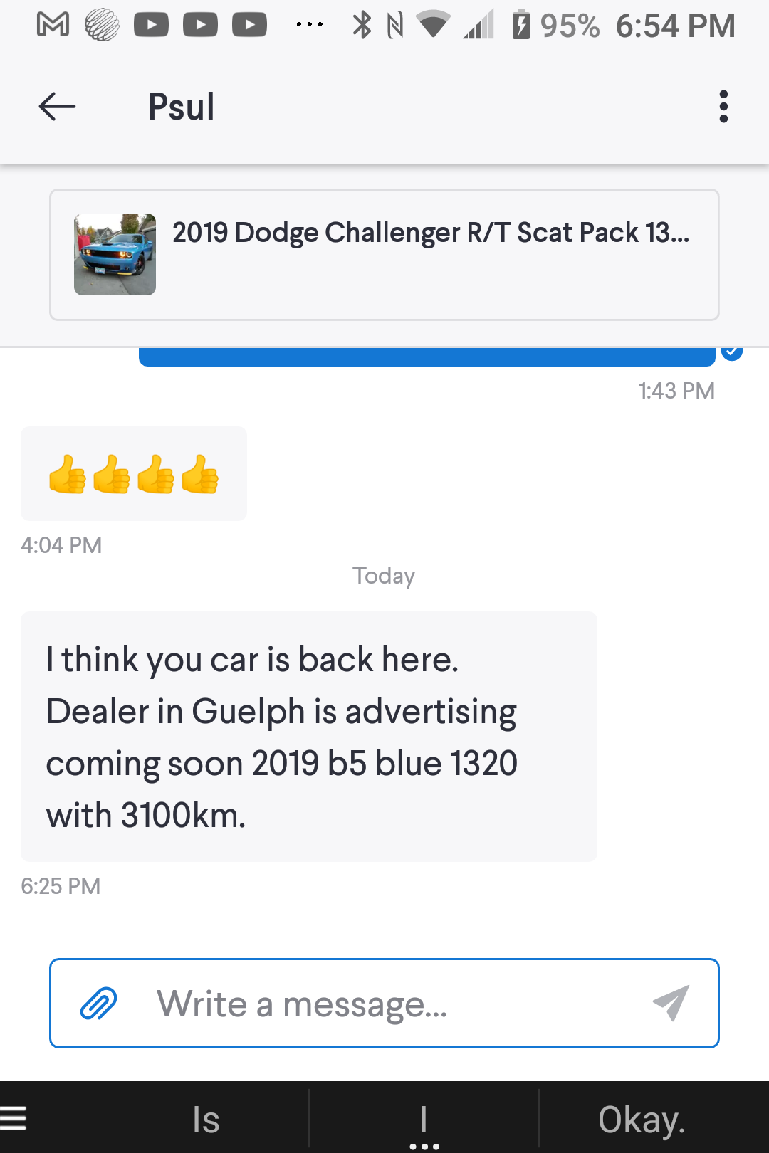 Message that my Challenger was for sale.