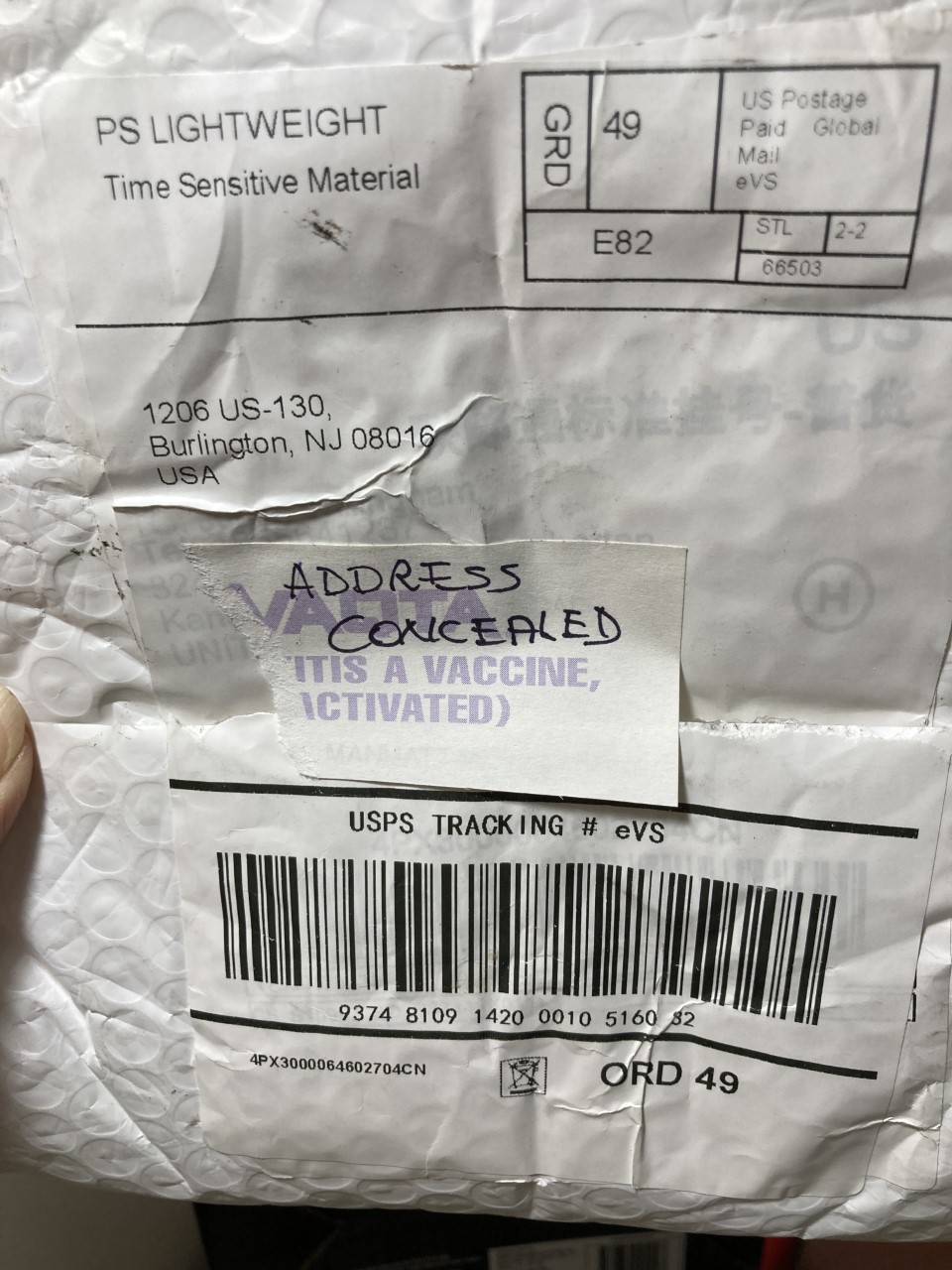 shipping label from 1206 US-130, Burlington, NJ 08