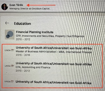 Evan Török fabricated MBA & CFA education