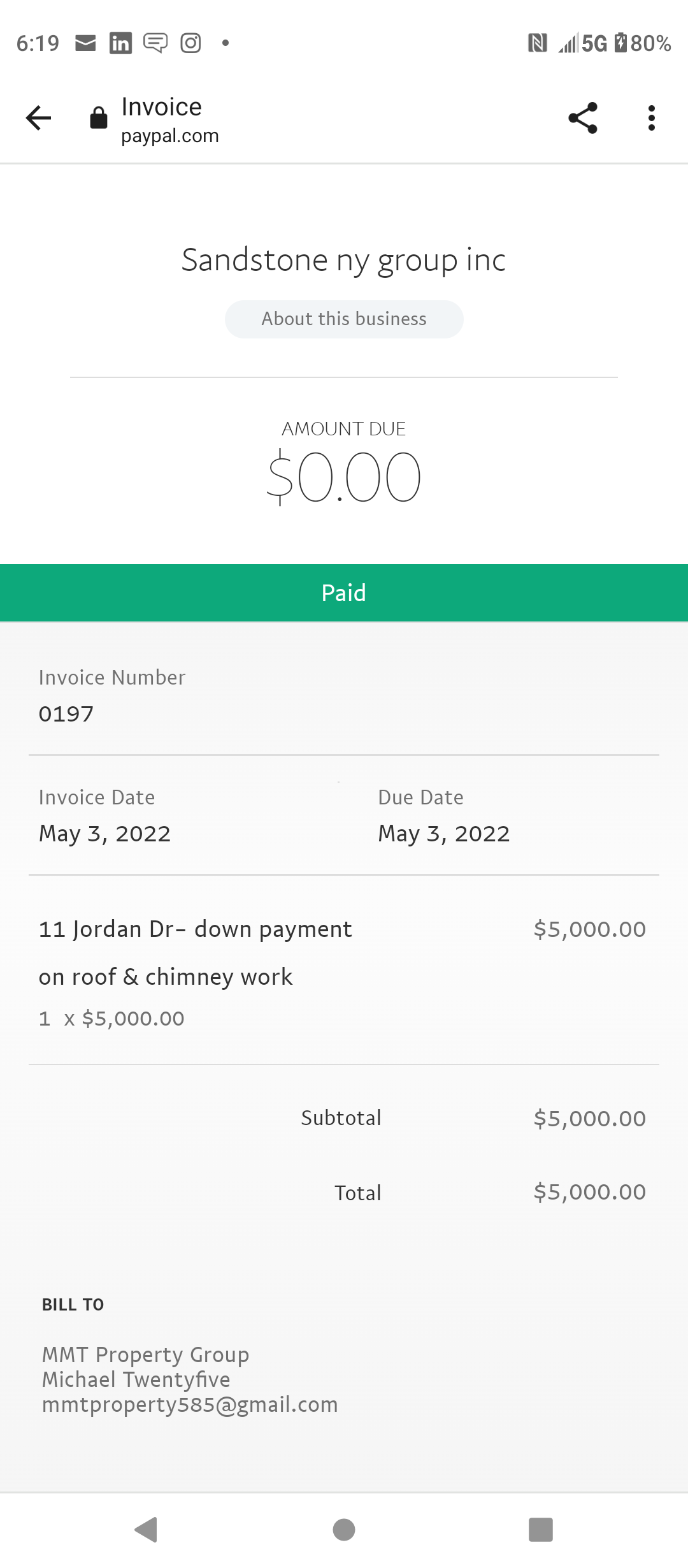 Initial invoice for $5000 deposit