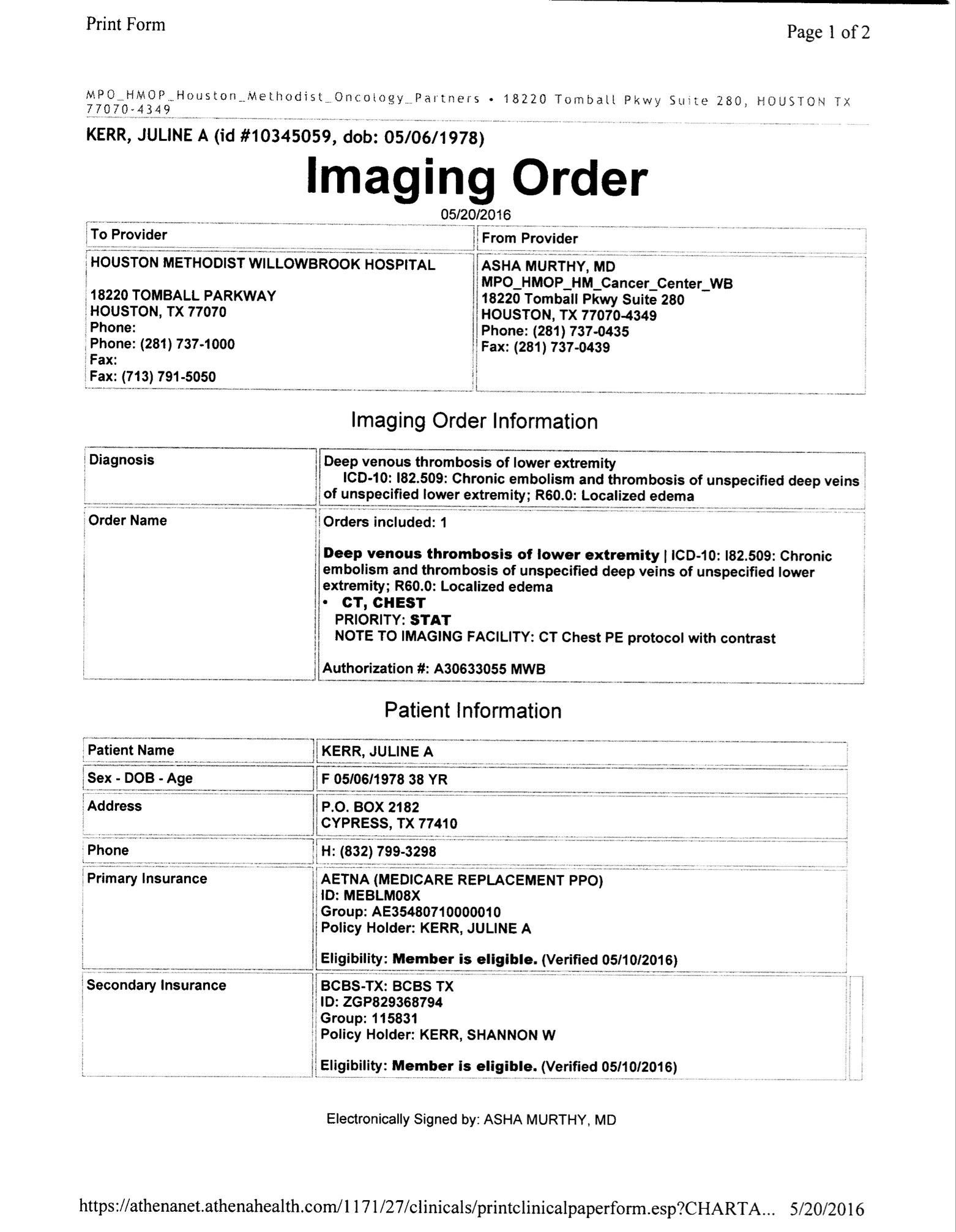 Imaging order from Methodist Willow 