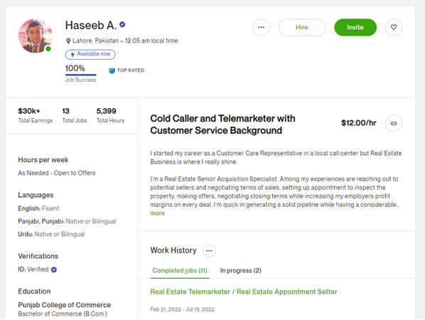 This is Haseeb Amir's Upwork profile