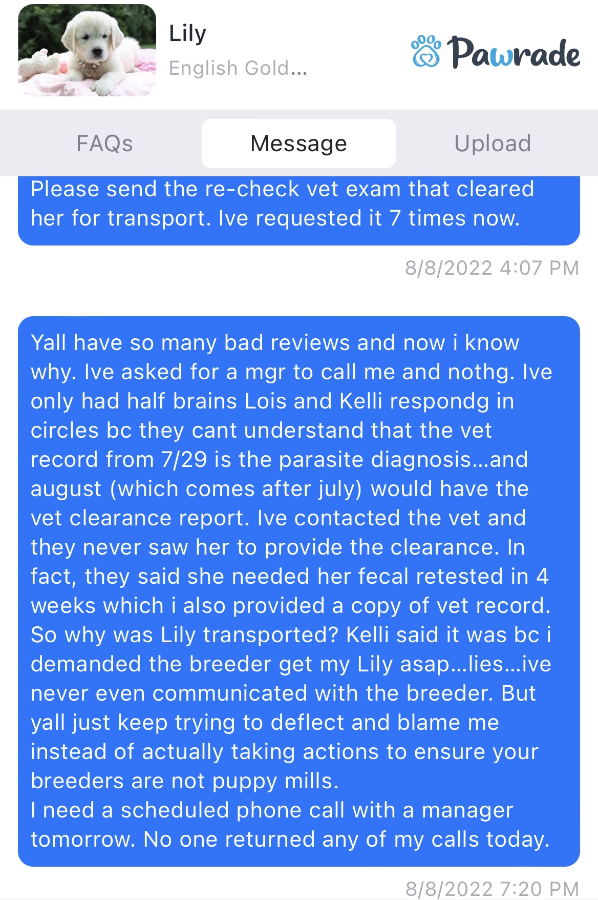 Never received 'cleared vet' 