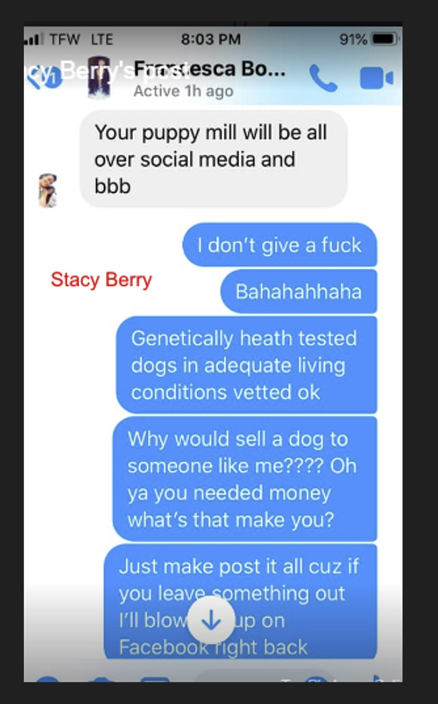 Stacy Berry's text in blue